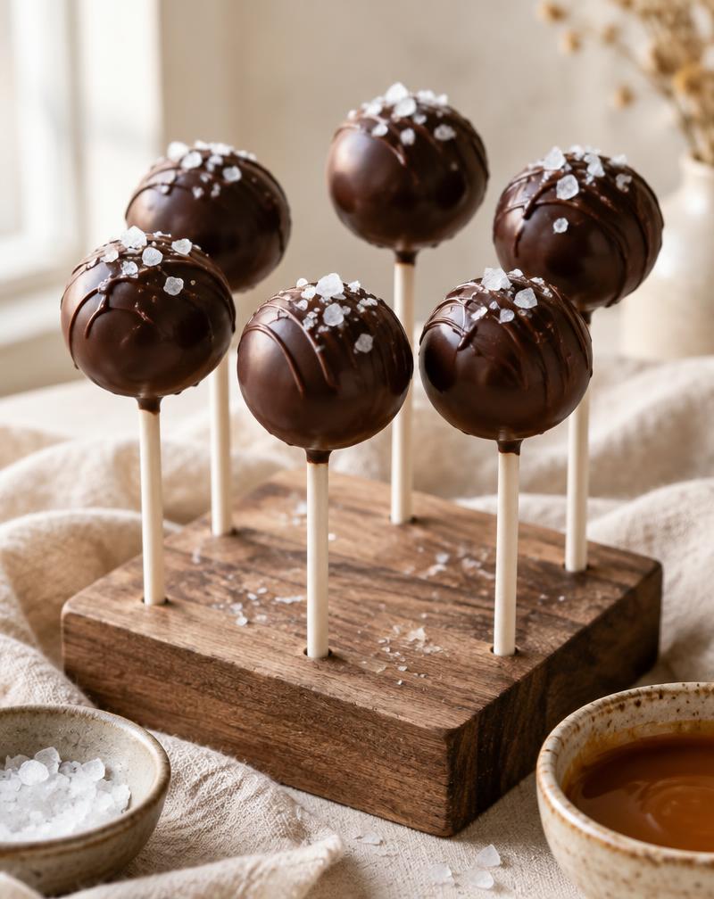 Six dark chocolate cake pops topped with flaky sea salt in a wooden stand