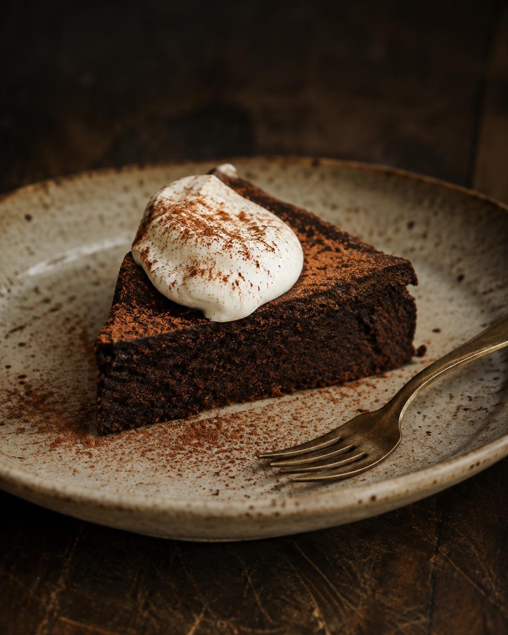 Slice of dark rye chocolate torte with crème fraîche