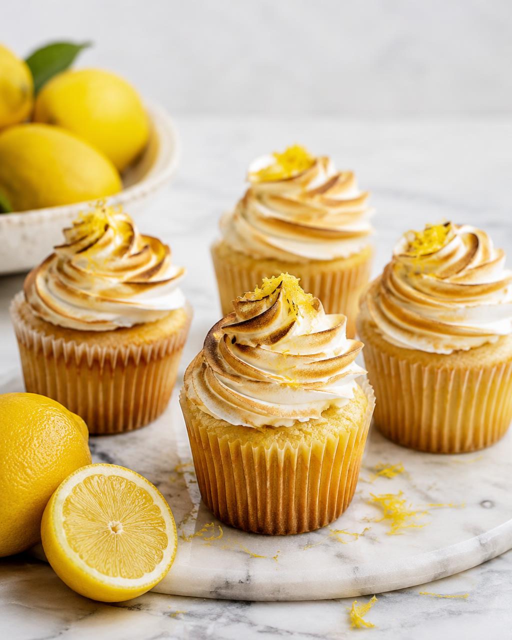 Lemon cupcakes topped with toasted meringue